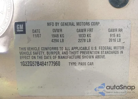 2008 Pontiac G6 z USA, uszkodzony, nr VIN 1G2ZG57B484177960